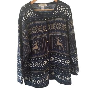 Vintage Kobe Sweater Womens 3X Navy Blue Cardigan Holiday Deer Christmas Retro